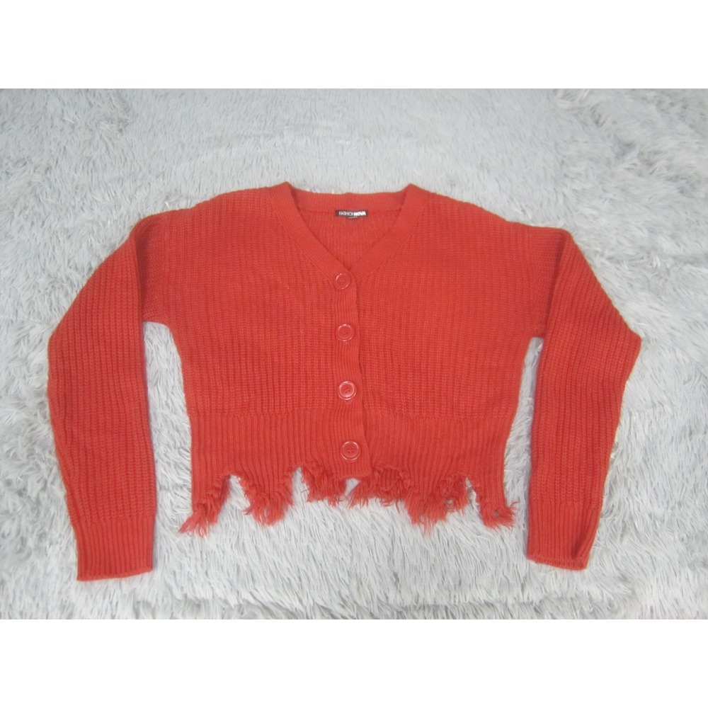 Fashionova Sweater Womens Medium Red Cardigan Cropped Raw Hem Knit Casual‎